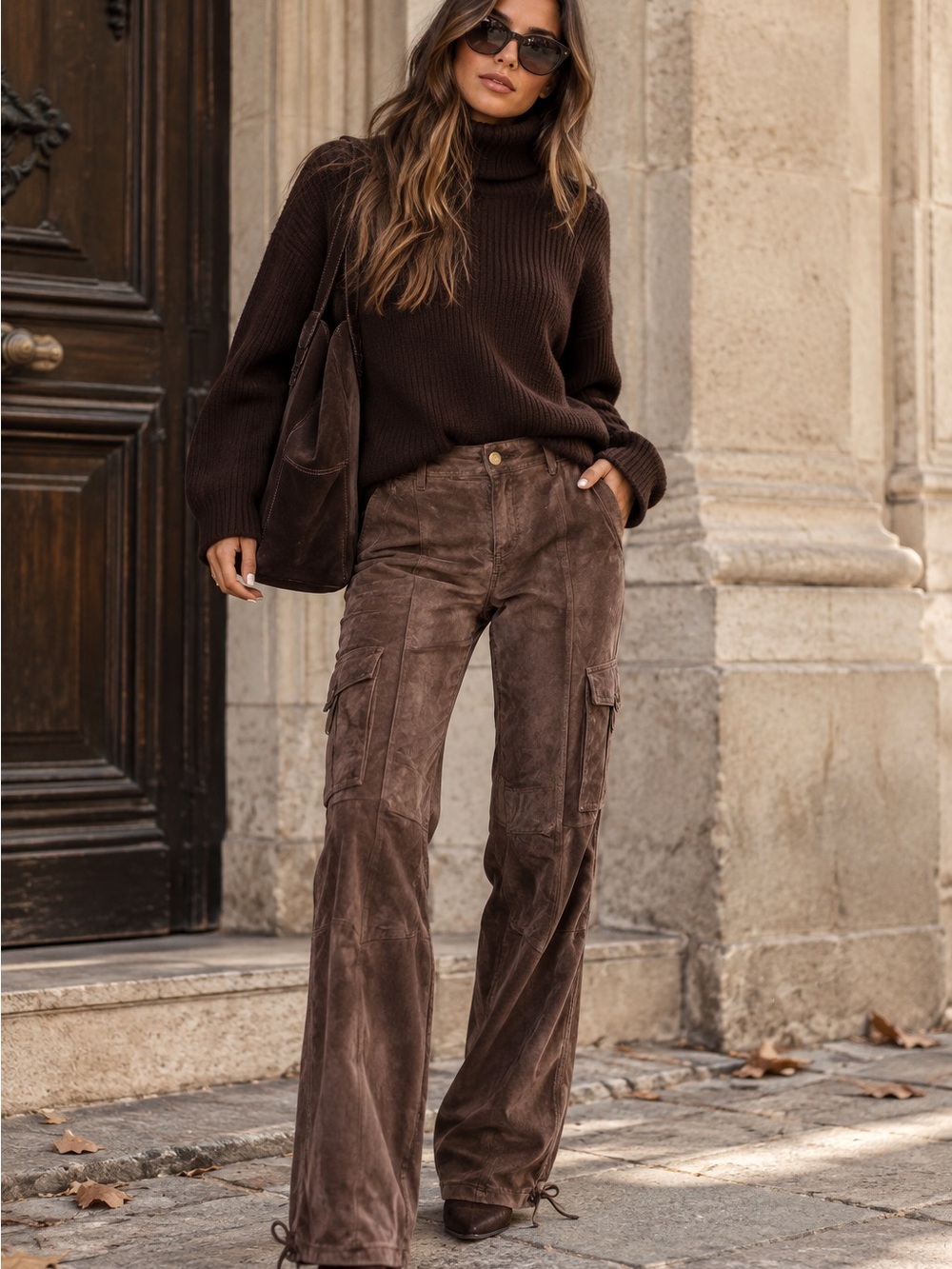 Vintage Daniel Y2K Brown Suede Leather Cargo Pants Size 6 Utility Straight Moto